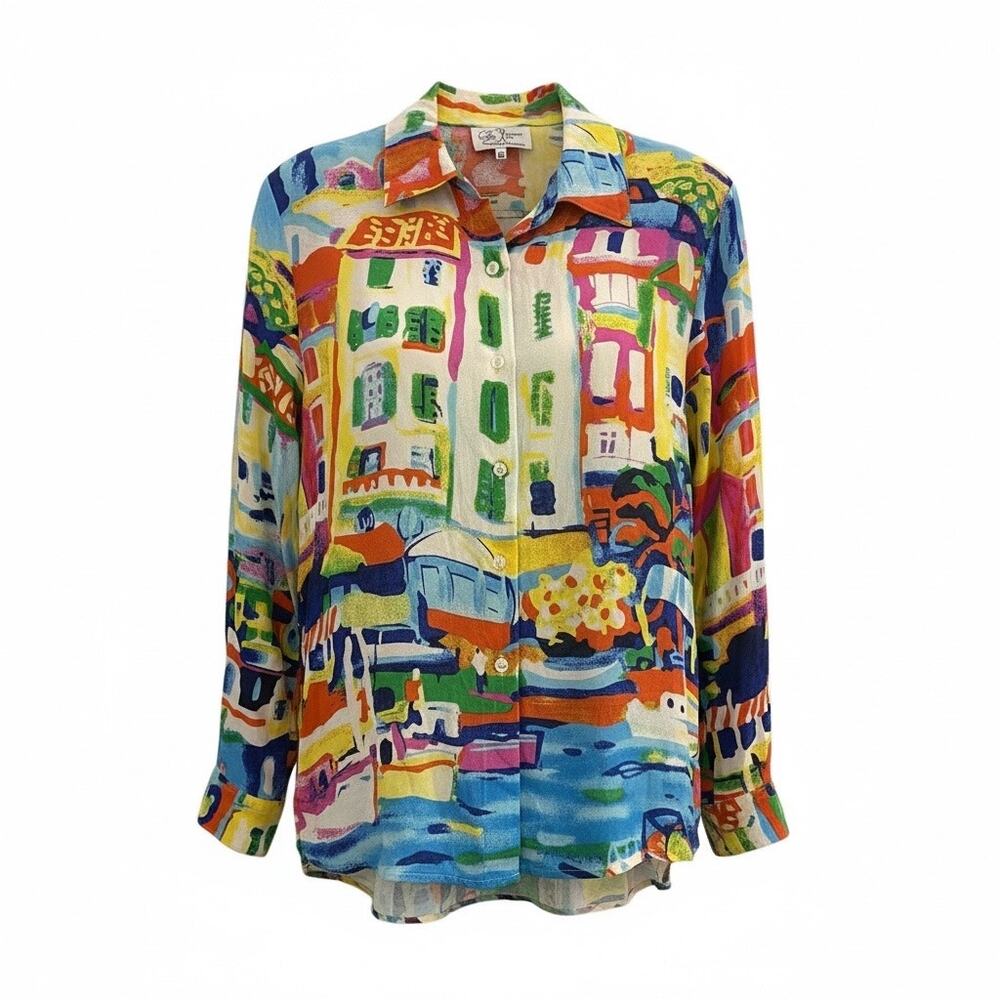 Michael Leu VINTAGE Top S 100% Silk Shirt Abstract Long Sleeve Art to Wear 1999